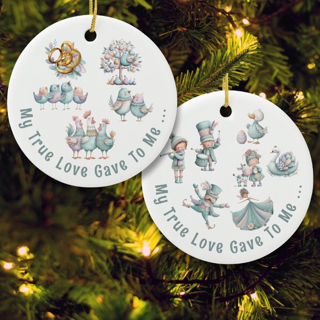 Whimsical Cute Illustrations 12 Days of Christmas Ceramic Ornament (Front and back view)