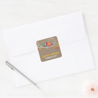 Whimsical Cute Kissing Summer Birds Kraft Wedding Square Sticker