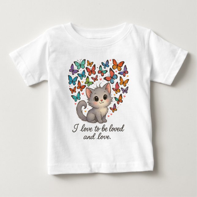 Whimsical Cute Kitten with Butterflies & Quote  Baby T-Shirt (Front)
