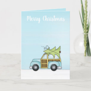 Whimsical Cute Merry Blue Car Fun Cartoon Holiday Card