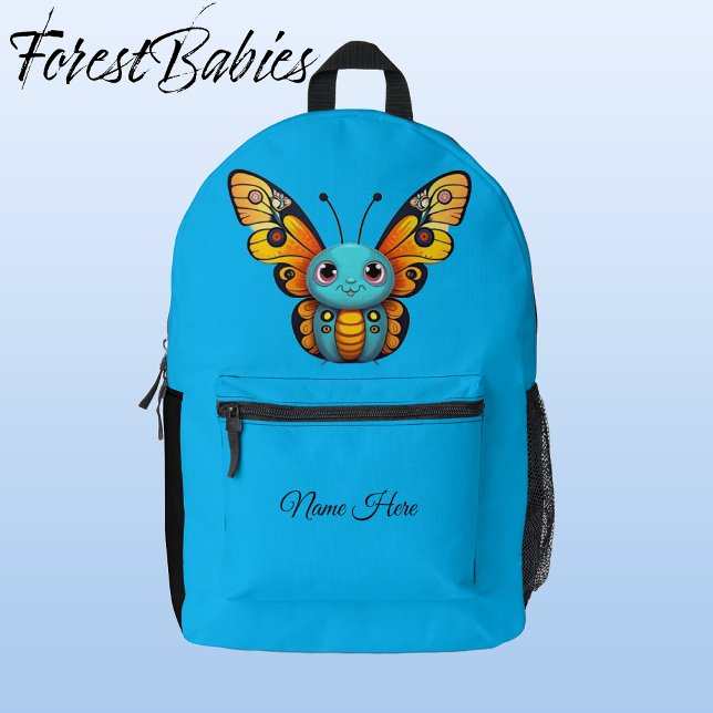Whimsical Cute Monarch Butterfly Cartoon Graphic Printed Backpack (Monarch Butterfly,  Blue Customizable ForestBabies Backpack - Front)