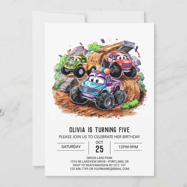 Whimsical Cute Monster Truck Birthday Invitation (Front)