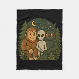 Whimsical Cute Mothman Bigfoot And Alien Funny Cry Fleece Blanket