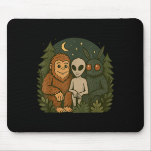 Whimsical Cute Mothman Bigfoot And Alien Funny Cry Mouse Pad