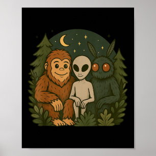 Whimsical Cute Mothman Bigfoot And Alien Funny Cry Poster