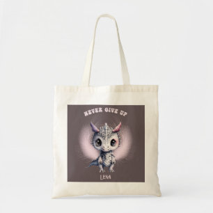 Whimsical Cute "Never Give Up" Feather Dragon Tote Bag