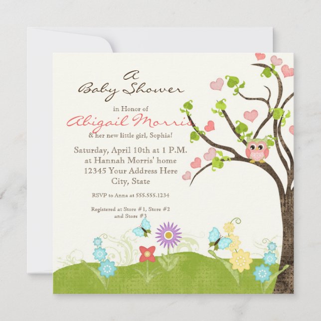 Whimsical Cute Owls Tree of Life Heart Leaf Swirls Invitation (Front)