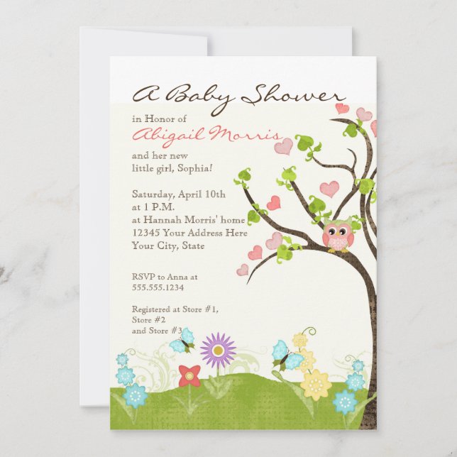Whimsical Cute Owls Tree of Life Heart Leaf Swirls Invitation (Front)