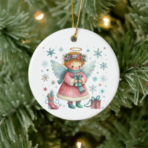 Whimsical Cute Pink and Blue Christmas Angel Ceramic Ornament