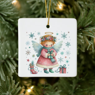 Whimsical Cute Pink and Blue Christmas Angel Ceramic Ornament