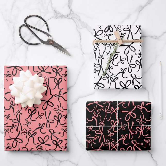 Whimsical Cute Pink Black Bows Pattern Girly Gift Wrapping Paper Sheet (Front)