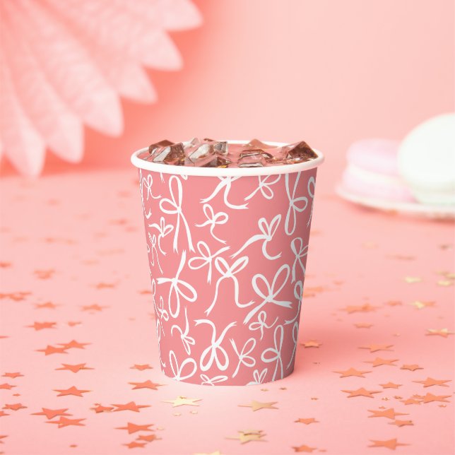 Whimsical Cute Pink Bows Pattern Bridal Shower Paper Cups (Insitu)