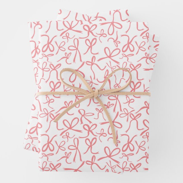 Whimsical Cute Pink Bows Pattern Girly Gift Wrapping Paper Sheet (In situ)