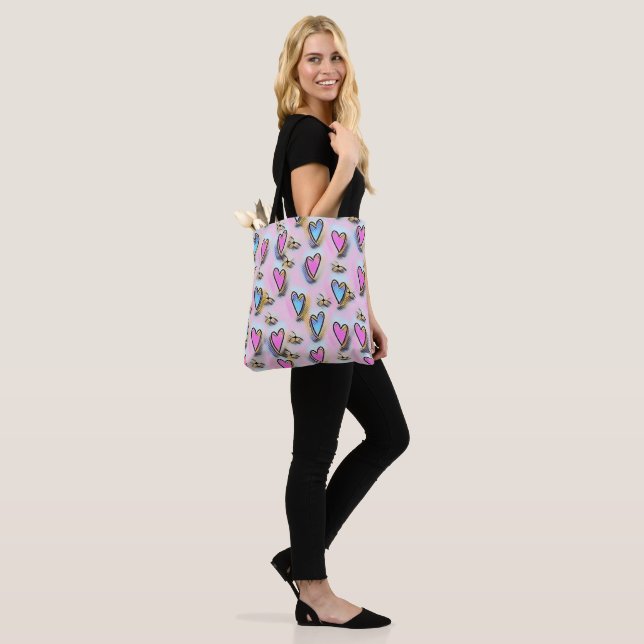 Whimsical cute pink hearts colourful drawing  tote bag (On Model)