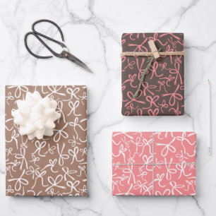 Whimsical Cute Pink Mocha Bows Pattern Girly Gift Wrapping Paper Sheet