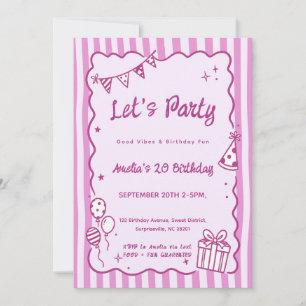 Whimsical Cute Pink Stripes Party Doodle Birthday Invitation
