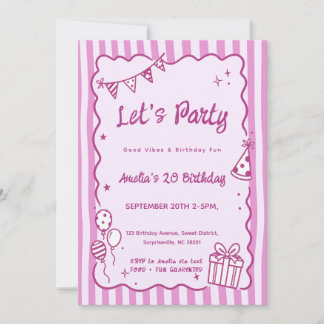 Whimsical Cute Pink Stripes Party Doodle Birthday Invitation