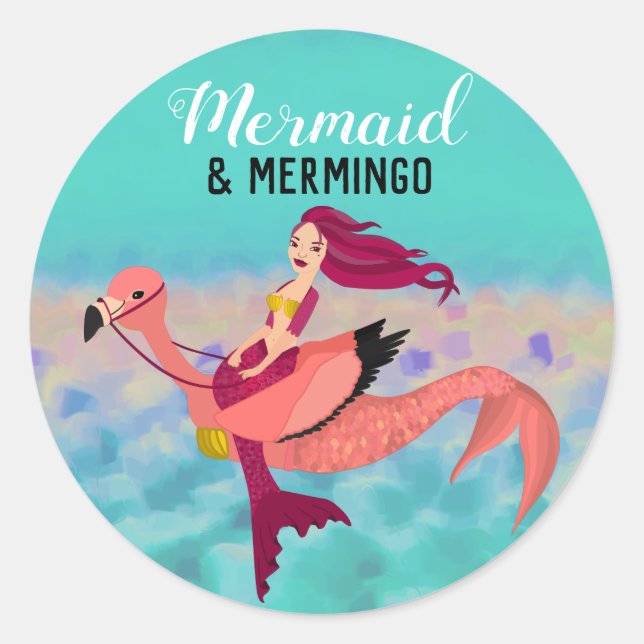 Whimsical Cute Purple Mermaid & Pink Mermingo Classic Round Sticker (Front)