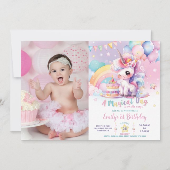 Whimsical Cute Rainbow Unicorn Birthday Picture Invitation (Front)