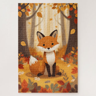 Whimsical Cute Red Fox in Autumn Forest Woodland Jigsaw Puzzle