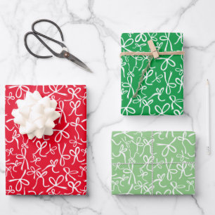 Whimsical Cute Red Green Bows Pattern Xmas Gift Wrapping Paper Sheet