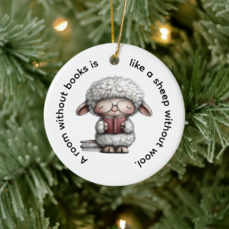 Whimsical Cute Sheep Reading a Book Ceramic Ornament