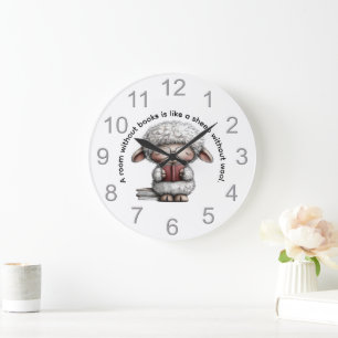 Whimsical Cute Sheep Reading a Book Large Clock