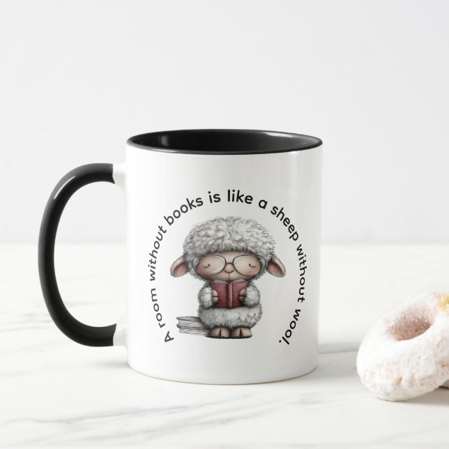 Whimsical Cute Sheep Reading a Book Mug (With Donut)