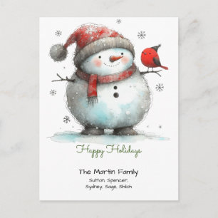 Whimsical Cute Snowman and Red Bird Happy Holidays Postcard