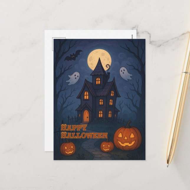 Whimsical Cute Spooky Haunted House | Halloween -  Holiday Postcard (Front/Back In Situ)