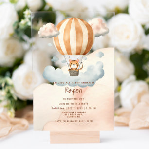 Whimsical Cute Tiger Hot Air balloon 1st Birthday Acrylic Invitations