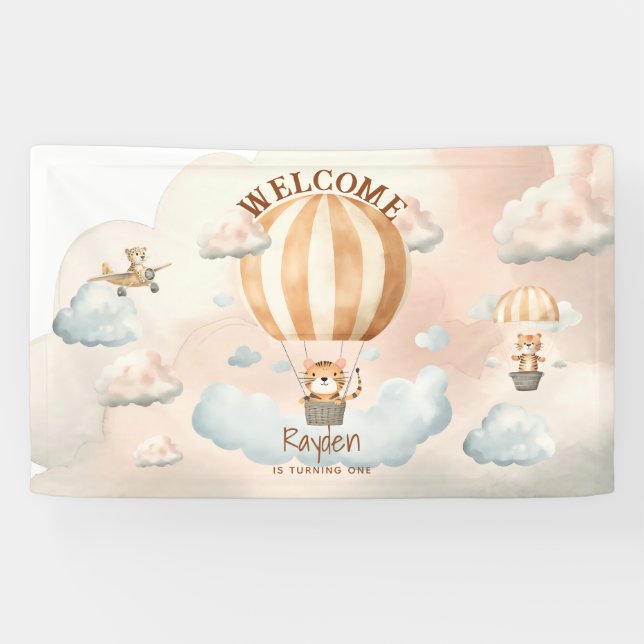 Whimsical Cute Tiger Hot Air balloon 1st Birthday  Banner (Horizontal)