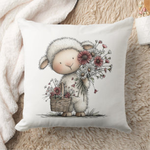 Whimsical Cute Watercolor Sheep Cushion