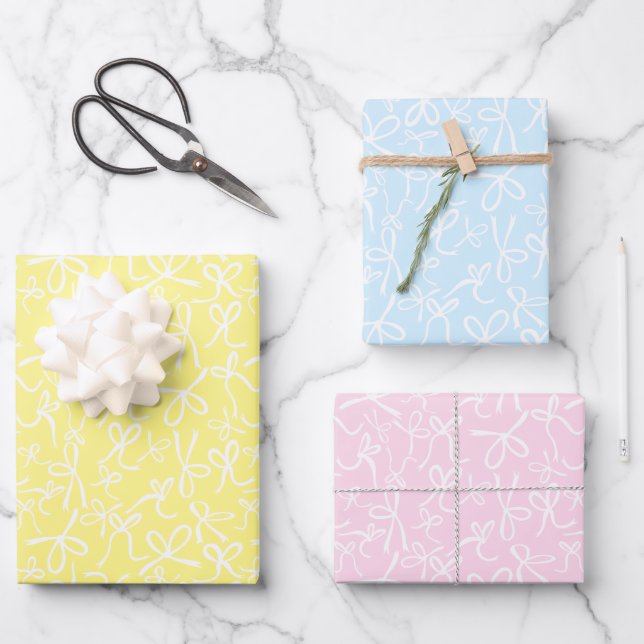 Whimsical Cute White Bows Pattern Pastel Easter Wrapping Paper Sheet (Front)