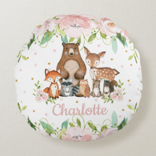 Whimsical Cute Woodland Animals Pink Blush Floral Round Cushion