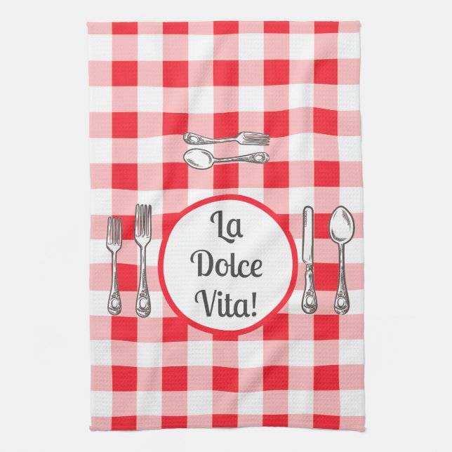Whimsical Cutlery Dolce Vita Red Check  Tea Towel (Vertical)