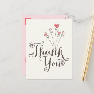 Whimsical Daisies Pink Hearts Birthday Thank You Postcard