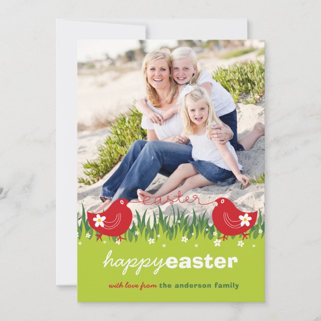 Whimsical Daisies Red Chicks Easter Photo Card (Front)
