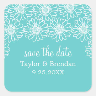 Whimsical Daisies Save the Date Stickers, Aqua Square Sticker