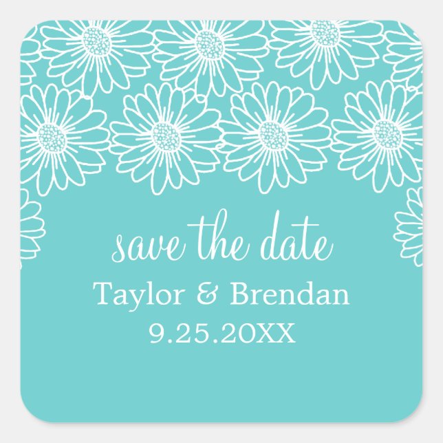 Whimsical Daisies Save the Date Stickers, Aqua Square Sticker (Front)