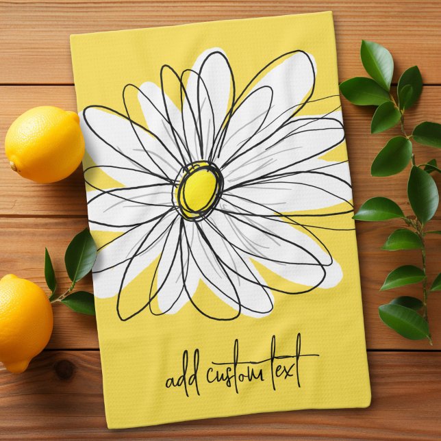 Whimsical Daisy Custom Text and can edit colour Tea Towel (Custom Kitchen Towel)