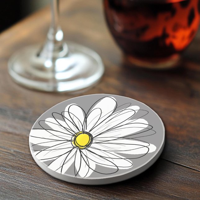 Whimsical Daisy Drawing - Grey and Yellow Coaster (Sandstone Coaster)