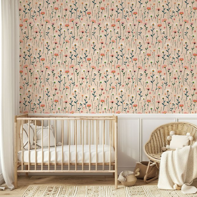 Whimsical Daisy Flowers Blush Baby Girl Nursery  Wallpaper (Creator Uploaded)