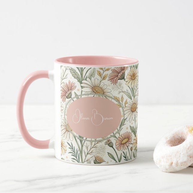 Whimsical Daisy Garden Aesthetic Custom Mug (With Donut)