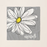 Whimsical Daisy - grey - trendy script name Scarf<br><div class="desc">A zen and whimsical drawing of a daisy. The modern lines are hand-drawn and include white petals and a yellow centre for the flower. The background is a soft, pastel grey - and the name is a trendy script in white. You can add a name, monogram or other custom text....</div>