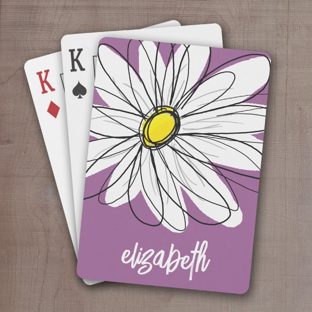 Whimsical Daisy - orchid - trendy script name Playing Cards (Whimsical Daisy Drawing with a place to add your name - personalized playing cards)