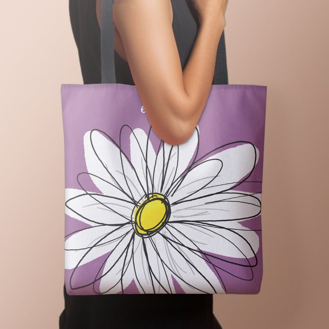 Whimsical Daisy - orchid - trendy script name Tote Bag (Personalized tote bag with daisy and text)