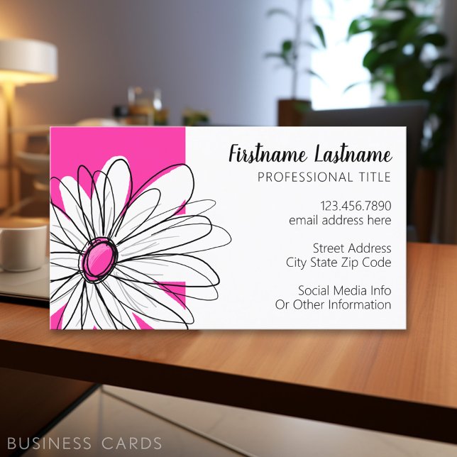 Whimsical Daisy with Modern Script font - hot pink Business Card (Personalized Printed Business Cards)