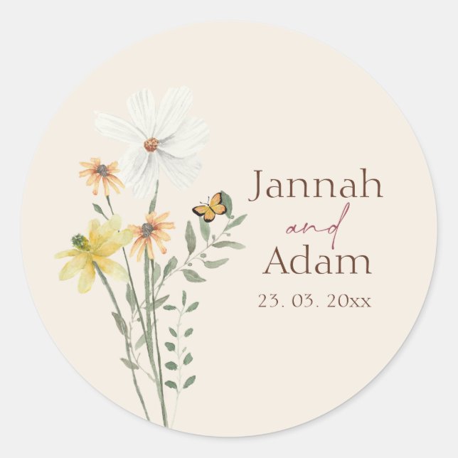 Whimsical Daisy Yellow Wildflower Classic Round Sticker (Front)