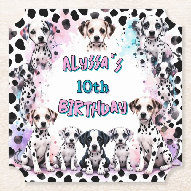 Whimsical Dalmatian Watercolor Birthday  Paper Coaster (Front)